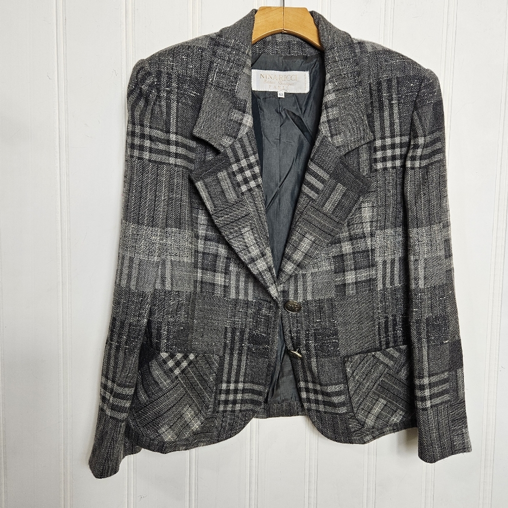 Nina Ricci Wool Tweed Blazer 42 Gray Patchwork Double Button France - Picture 9 of 13